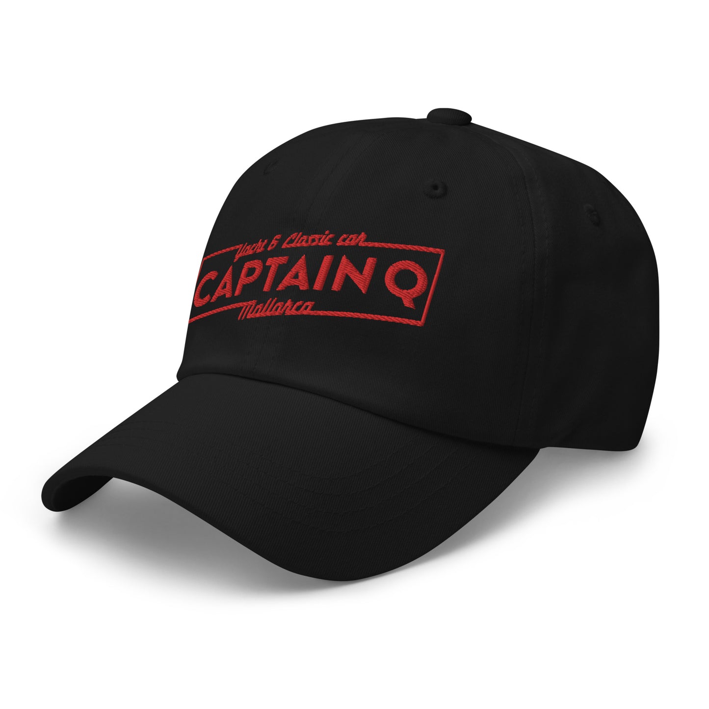 Captain Q Baseball Cap. Black with Red Lightning Bolt Logo.