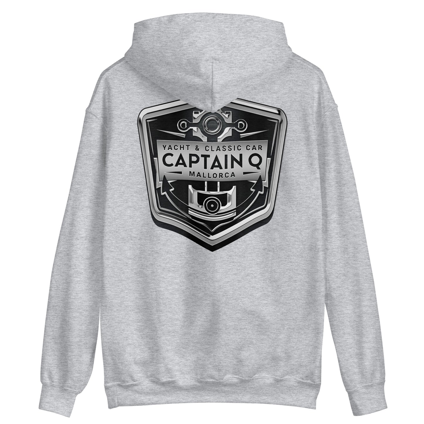 Captain Q Unisex Hoodie with Chrome & Black Logos.