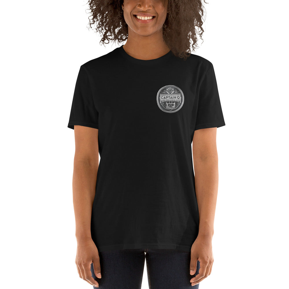 Captain Q Short-Sleeve Unisex T-Shirt with Chrome & Black Logos.